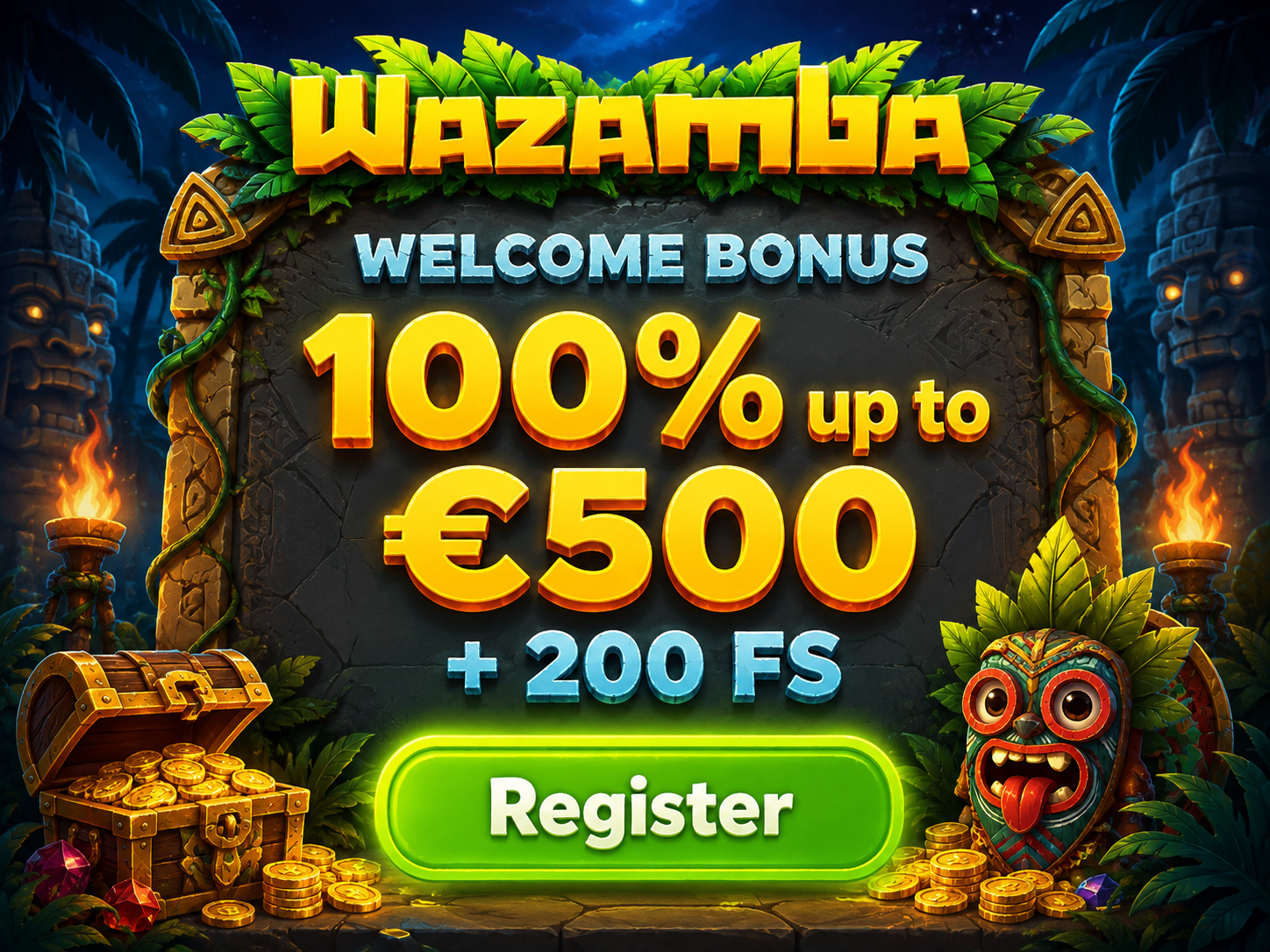 Ilustrácia pokladu predstavujúca uvítací bonus a free spiny Wazamba