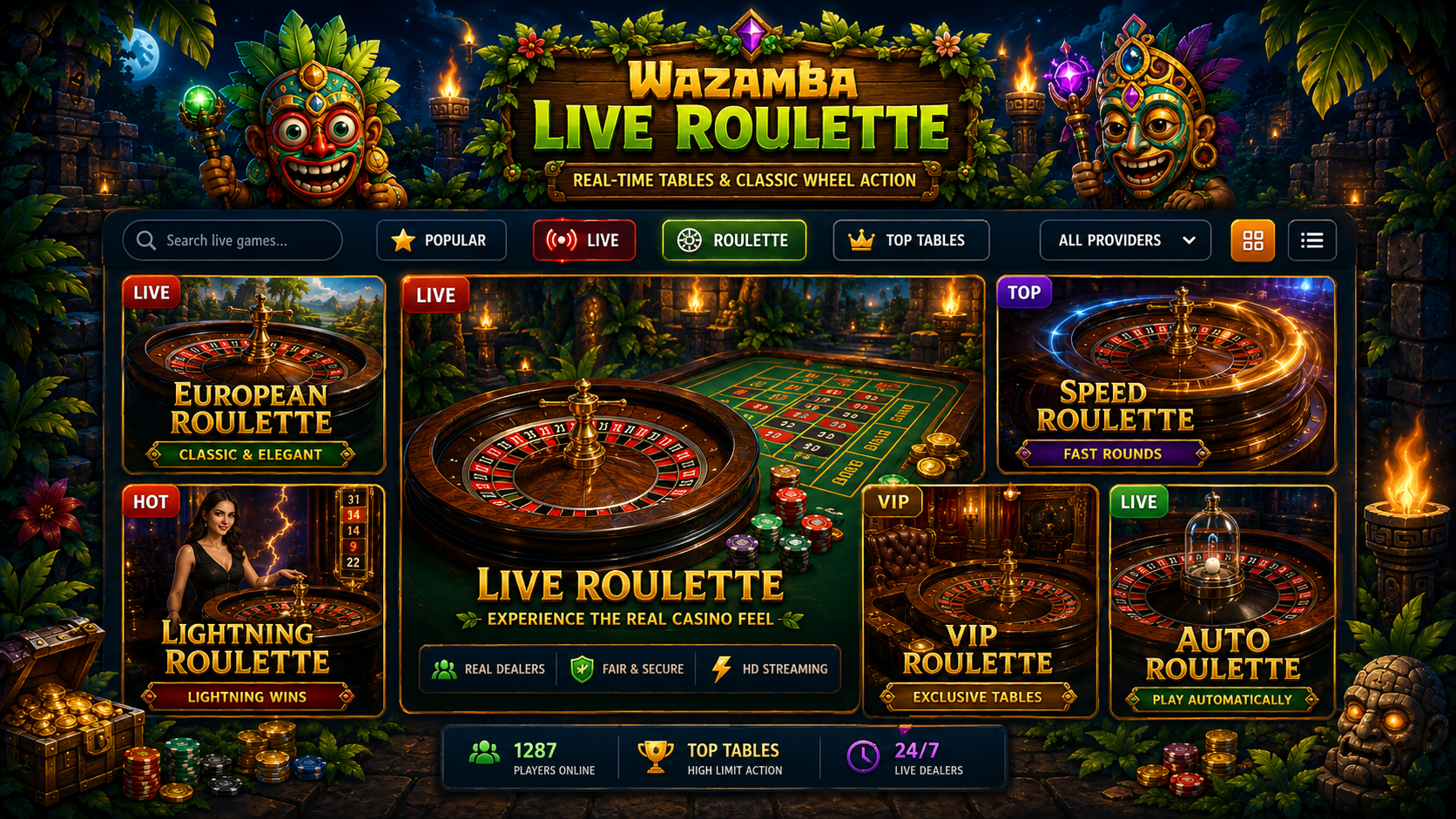 Ilustrácia kolesa rulety a hracích kariet predstavujúca živé casino Wazamba